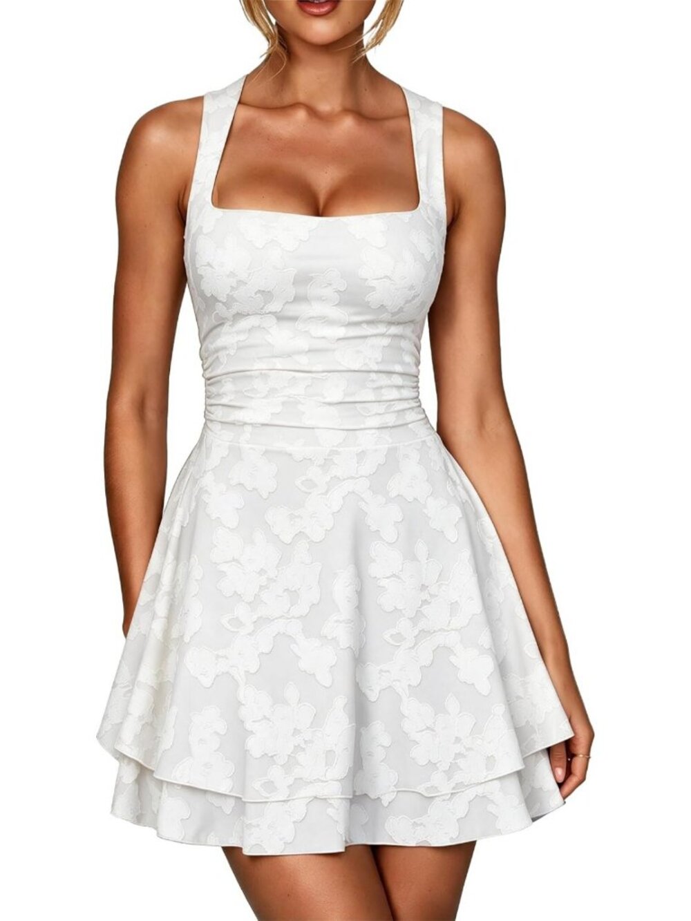 Floral Ruffle A-Line Mini Dress with Square Neck - Women's Summer Fashion